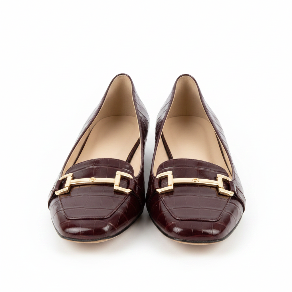 Women's dark burgundy croc flat pumps with bar buckle – ghost mannequin pair