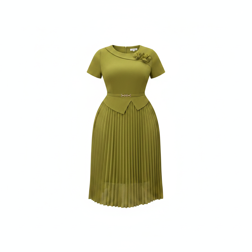 Women's Pleated Peplum Midi Dress - Ghost Mannequin Olive Green