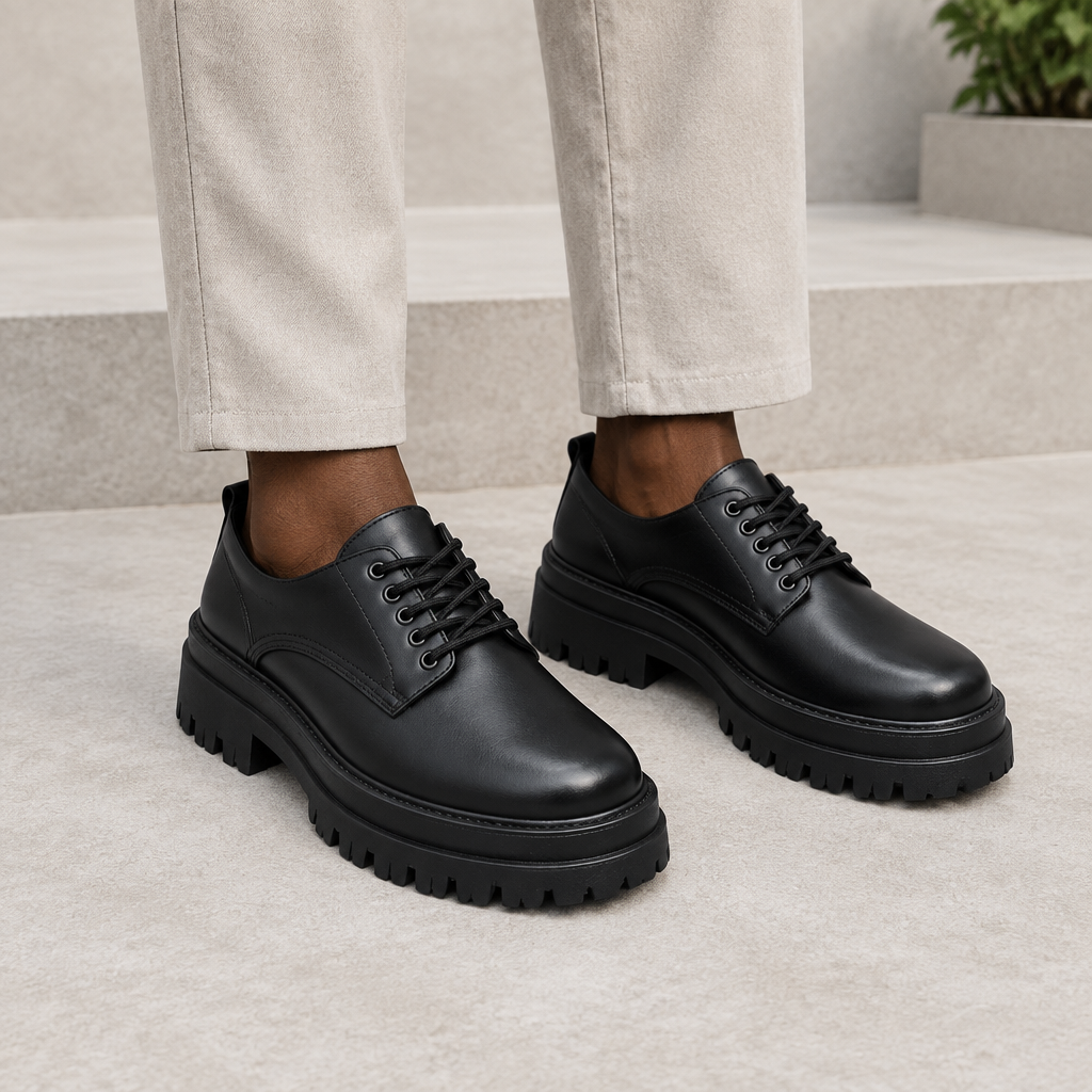 Black model wearing black men's lace-up derby shoes with lug sole