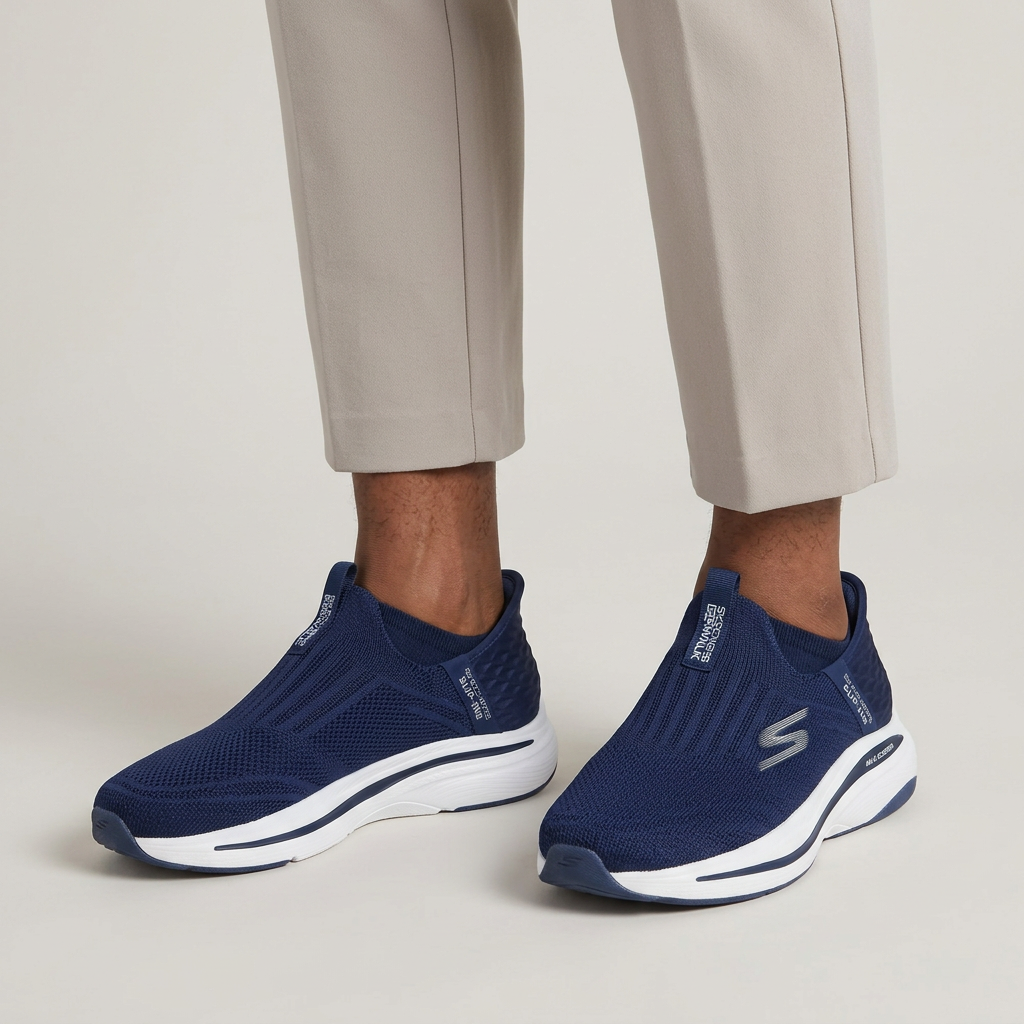 Both feet of a Nigerian Black man wearing navy knit slip-on sneakers