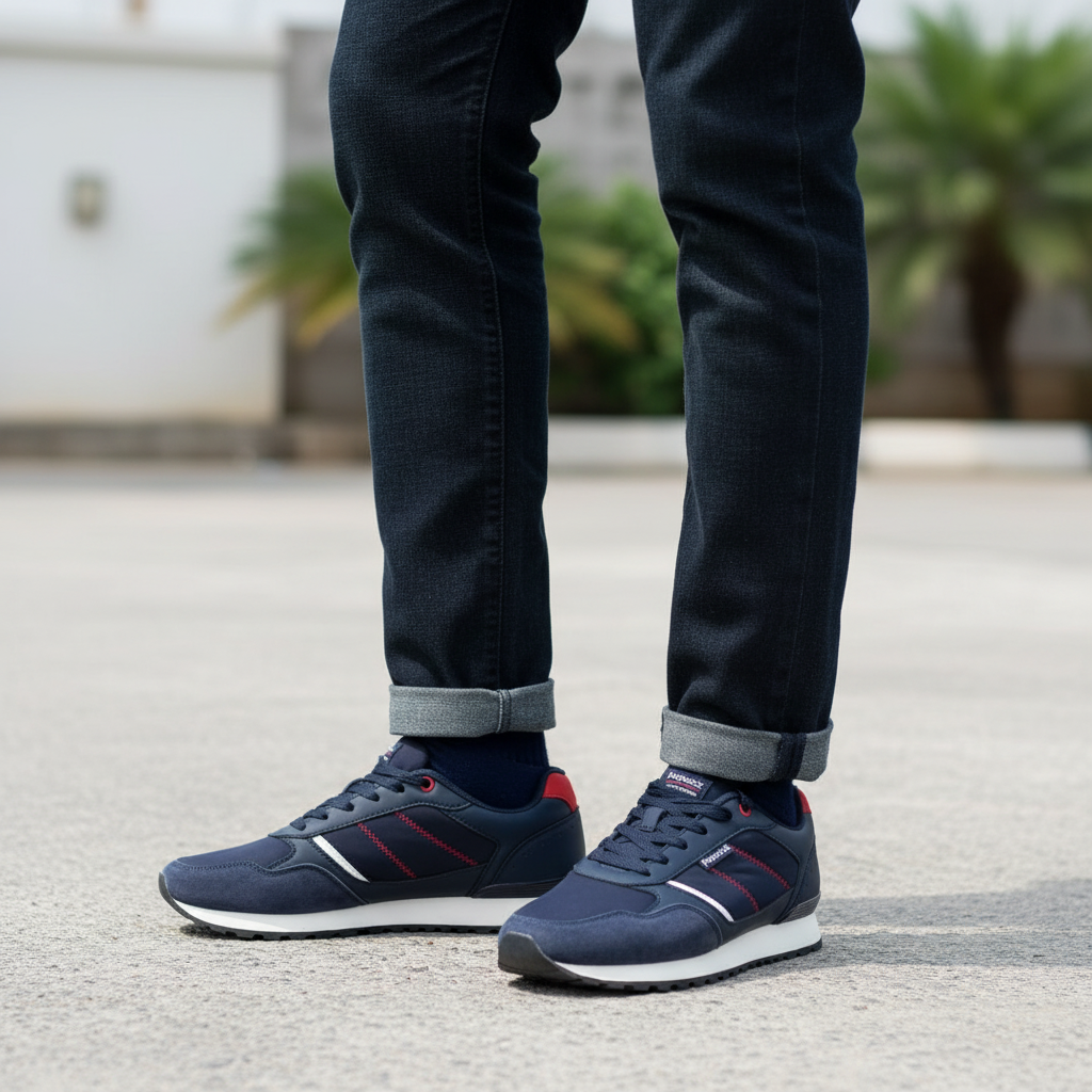 Nigerian male model wearing navy blue lace-up sneakers with red accent, Gen Z street style leg shot