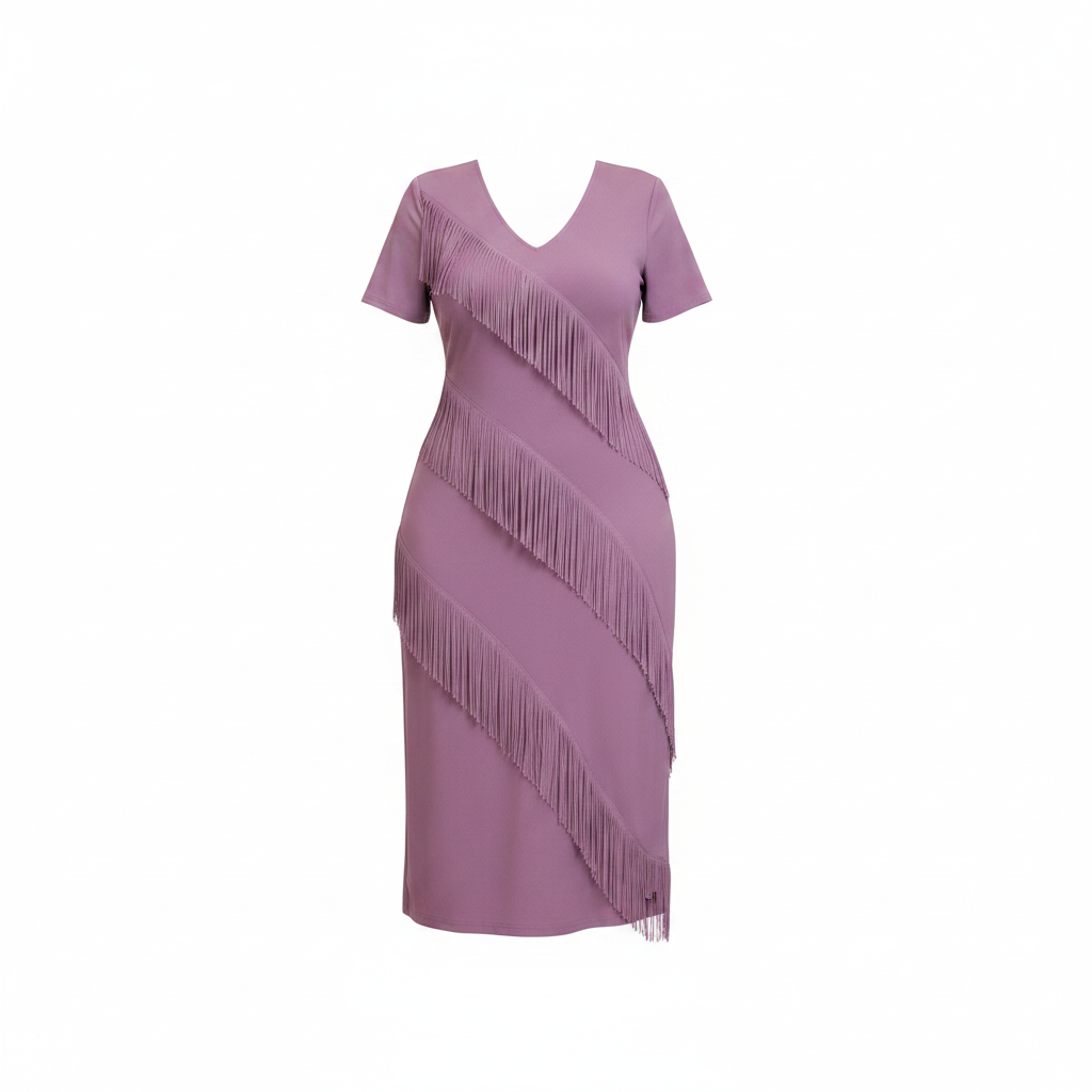 Ghost mannequin front view – Women's Lavender Diagonal Fringe Midi Gown