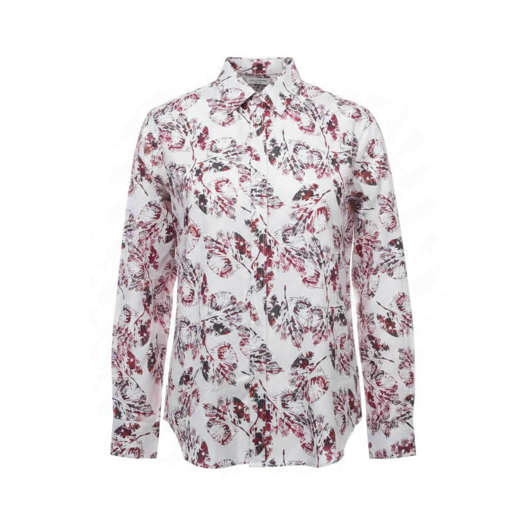 White floral leaf print long-sleeved shirt ghost mannequin front view