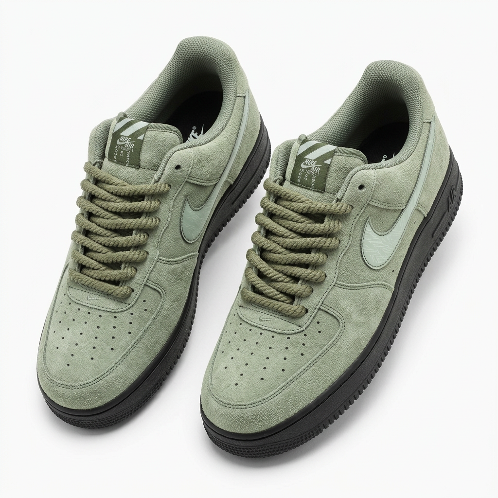Pair of sage suede rope-lace sneakers with black soles on white background