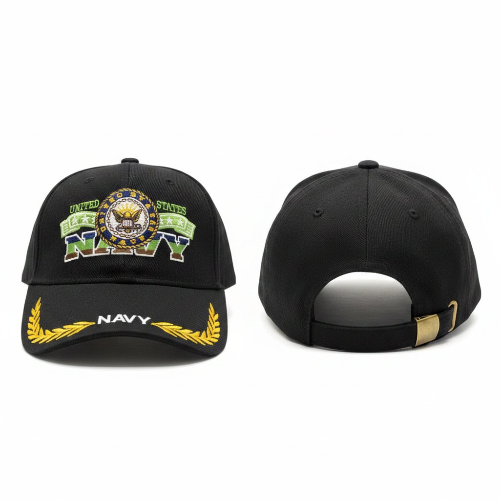Black military badge embroidered cap with gold green and navy embroidery ghost mannequin front and side view
