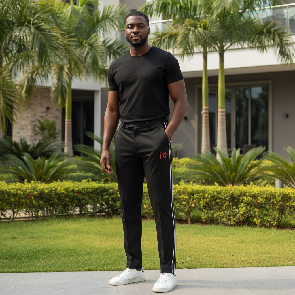 Men's Black Side-Stripe Straight-Leg Trousers – Model Shot