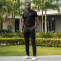 Men's Black Side-Stripe Straight-Leg Trousers – Model Shot