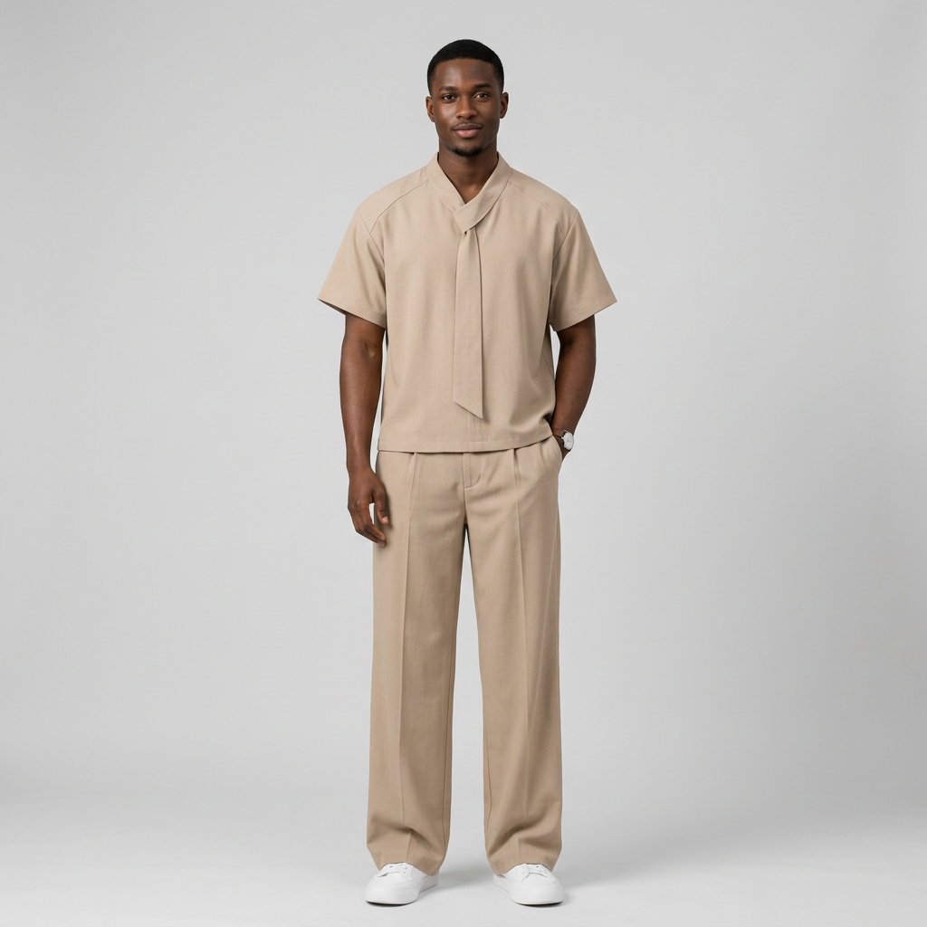 Nigerian male model wearing beige tie-neck shirt and wide-leg trouser set