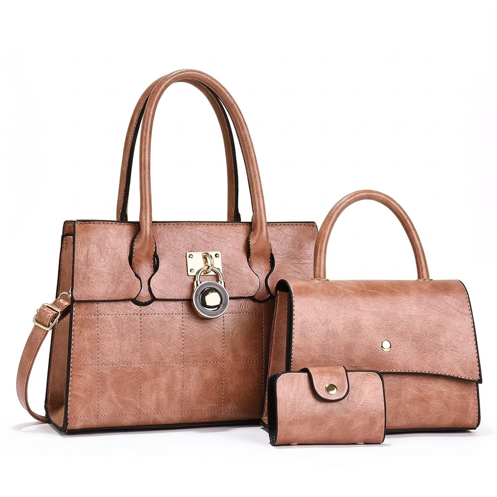 Light-brown three-piece set with two top-handle handbags and snap wallet on white background