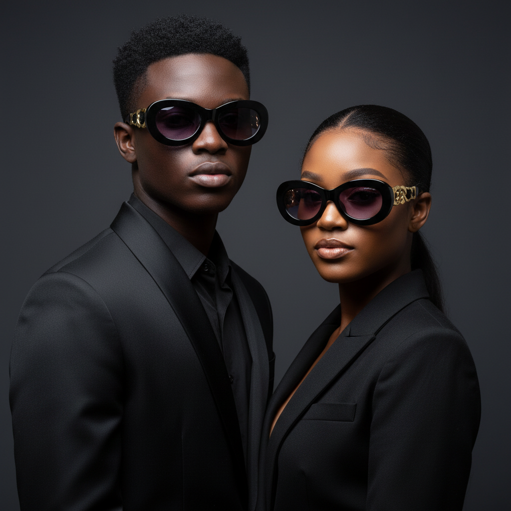 Male and female model lifestyle shot — Oversized Oval Sunglasses Black Gold Chain Purple