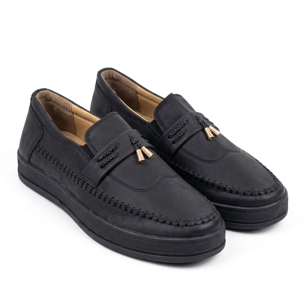 Pair of black whipstitch gold-tip tassel loafers on white background