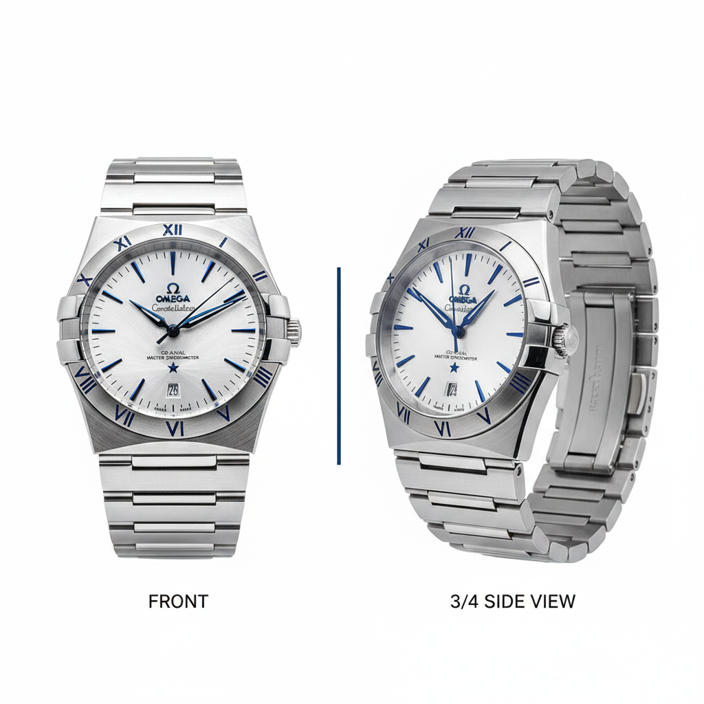 Silver Co-Axial chronometer watch with white dial and blue accents, front and side view on white background