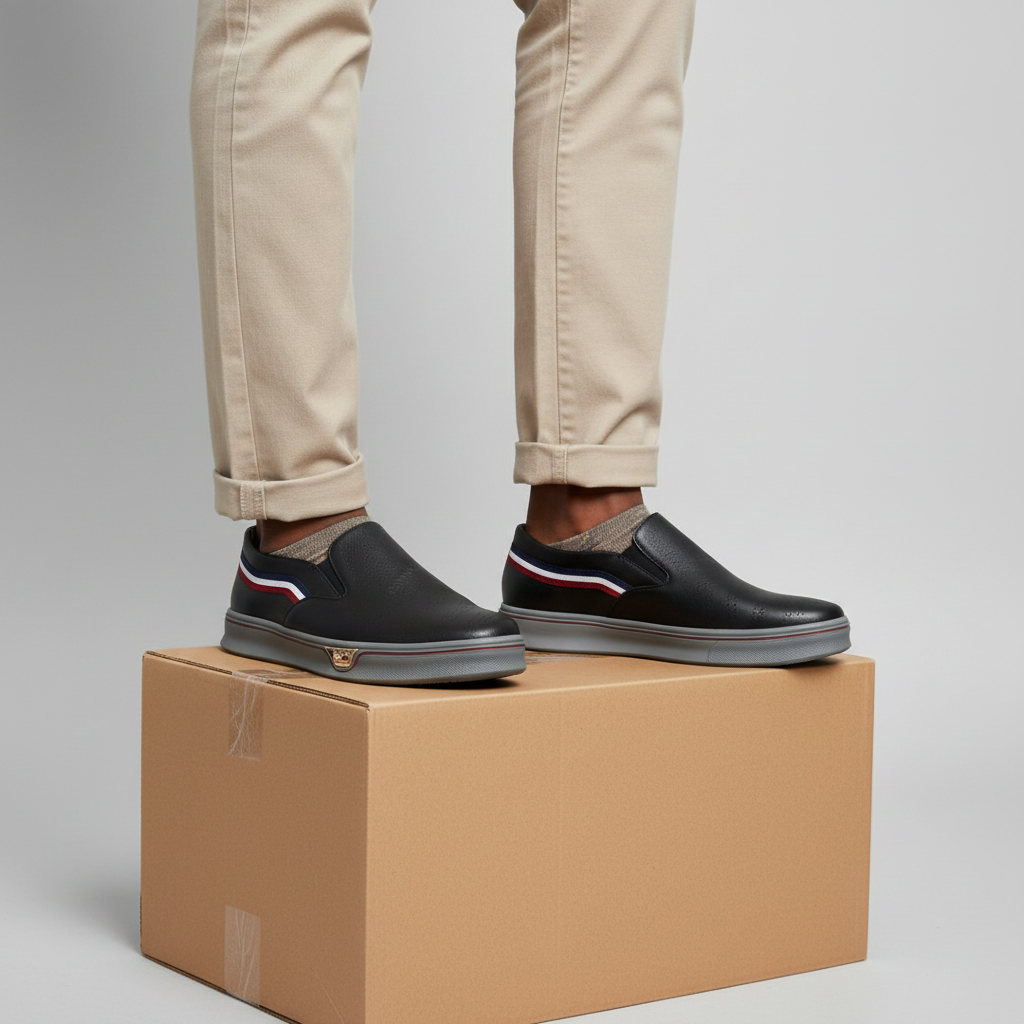 Nigerian male model wearing men's slip-on sneakers, both feet visible