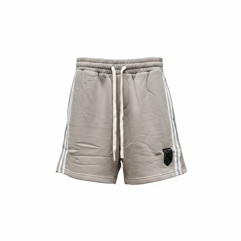 Men's taupe double-striped crest patch shorts — ghost mannequin front view