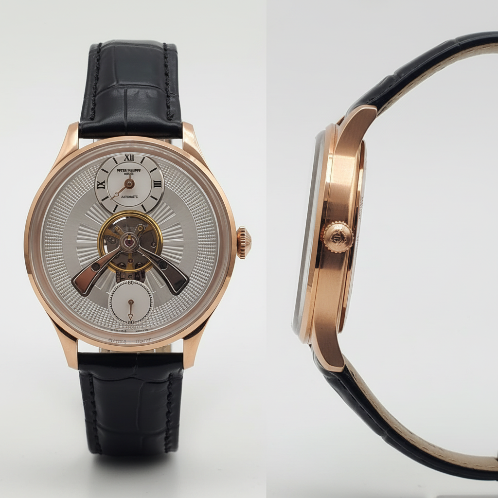 Men's Silver Dial Rose Gold Tourbillon Automatic Watch – Front and Side Ghost Mannequin View