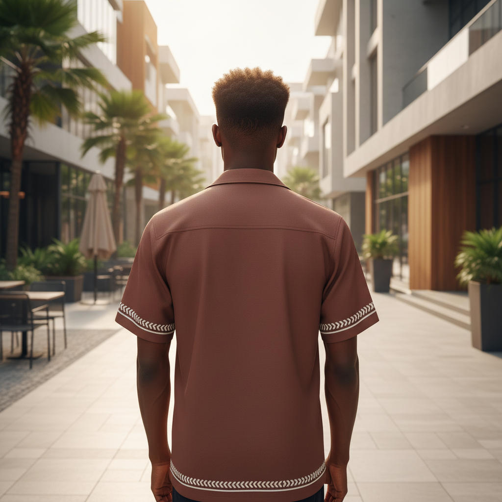 Young Nigerian male model wearing brown floral bowling shirt, back view, Nigerian urban background