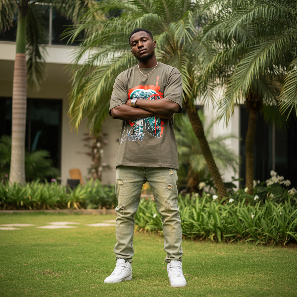 Nigerian male model wearing olive x-ray skull graphic oversized tee – front view