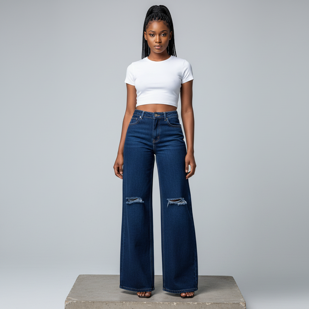 Nigerian female model wearing navy ripped knee wide-leg high-rise jeans