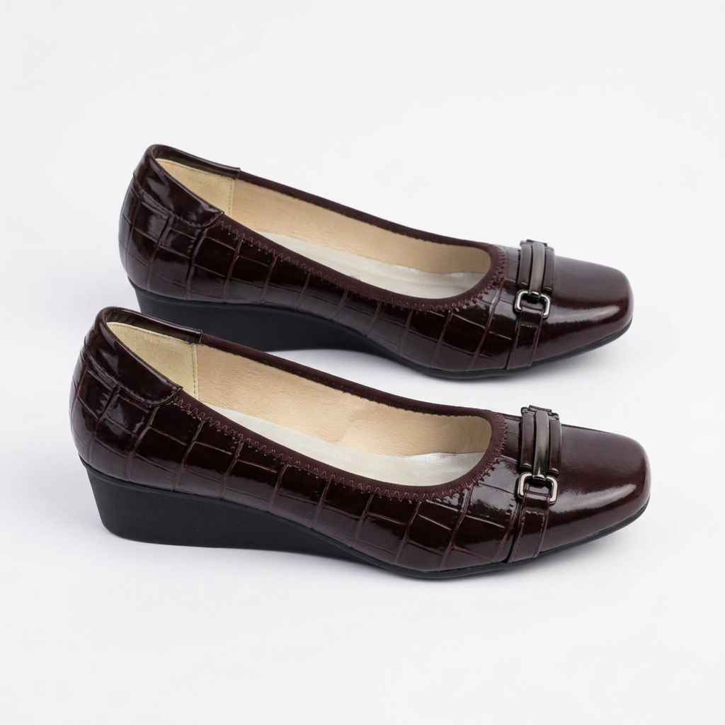 Matching dark burgundy-brown square-toe bar-detail wedge shoes