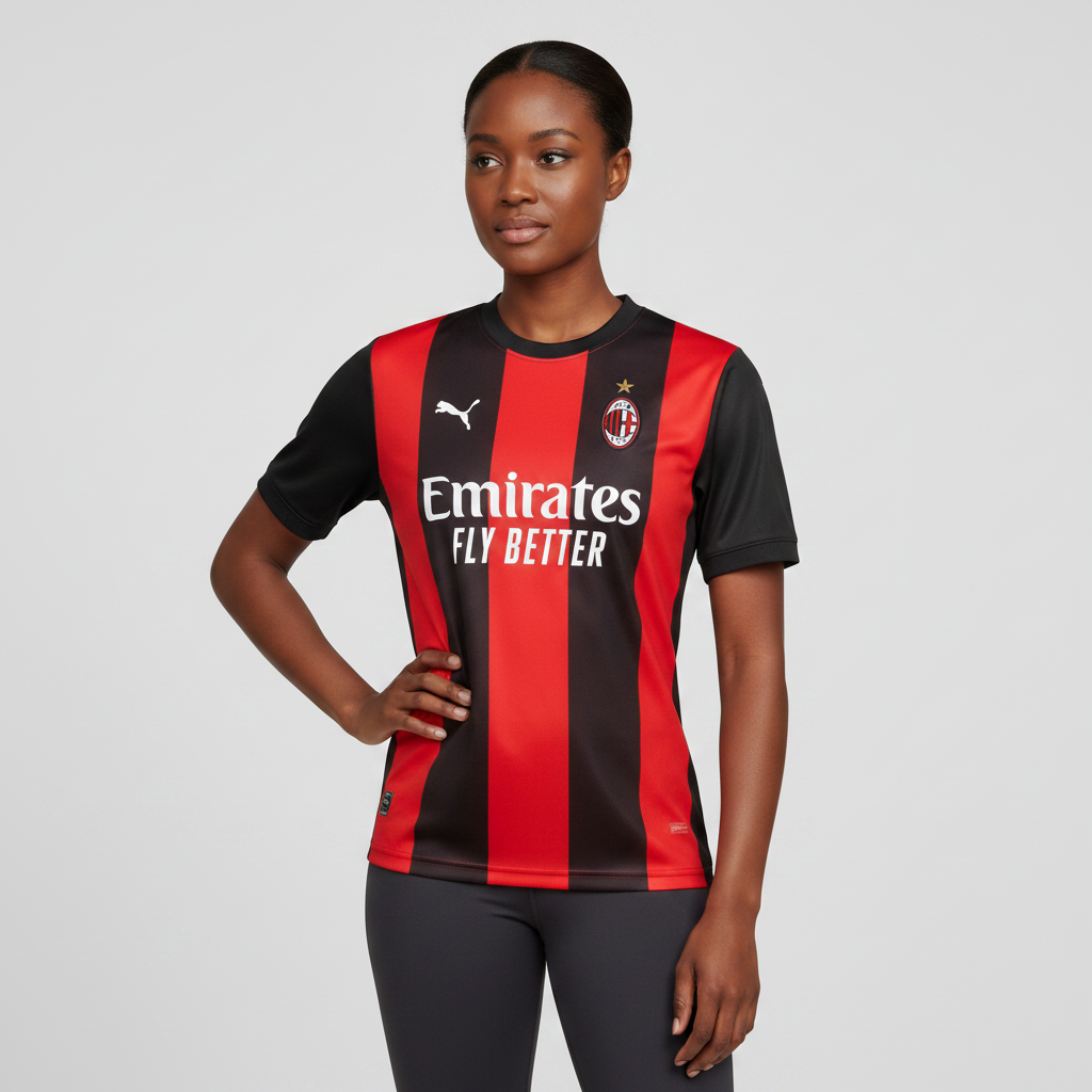 Nigerian female model wearing AC Milan home jersey