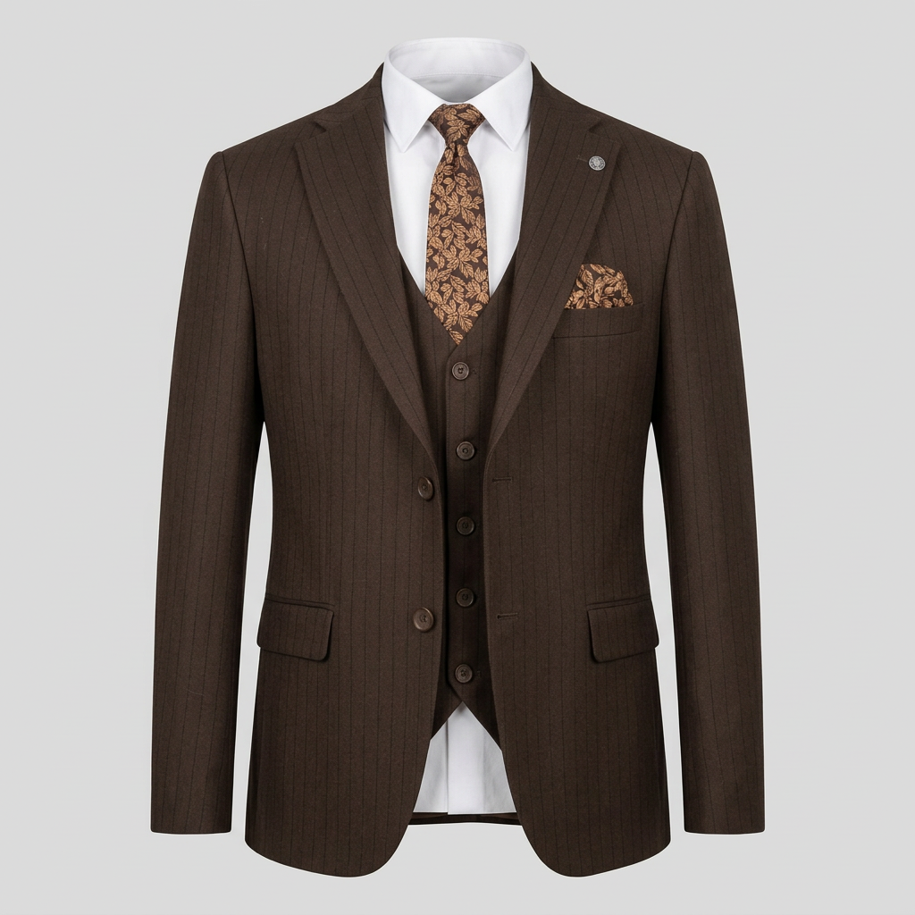 AI-generated ghost mannequin styling preview of dark brown suit jacket and waistcoat
