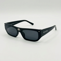 AI-edited chunky black rectangular sunglasses with dark grey lenses