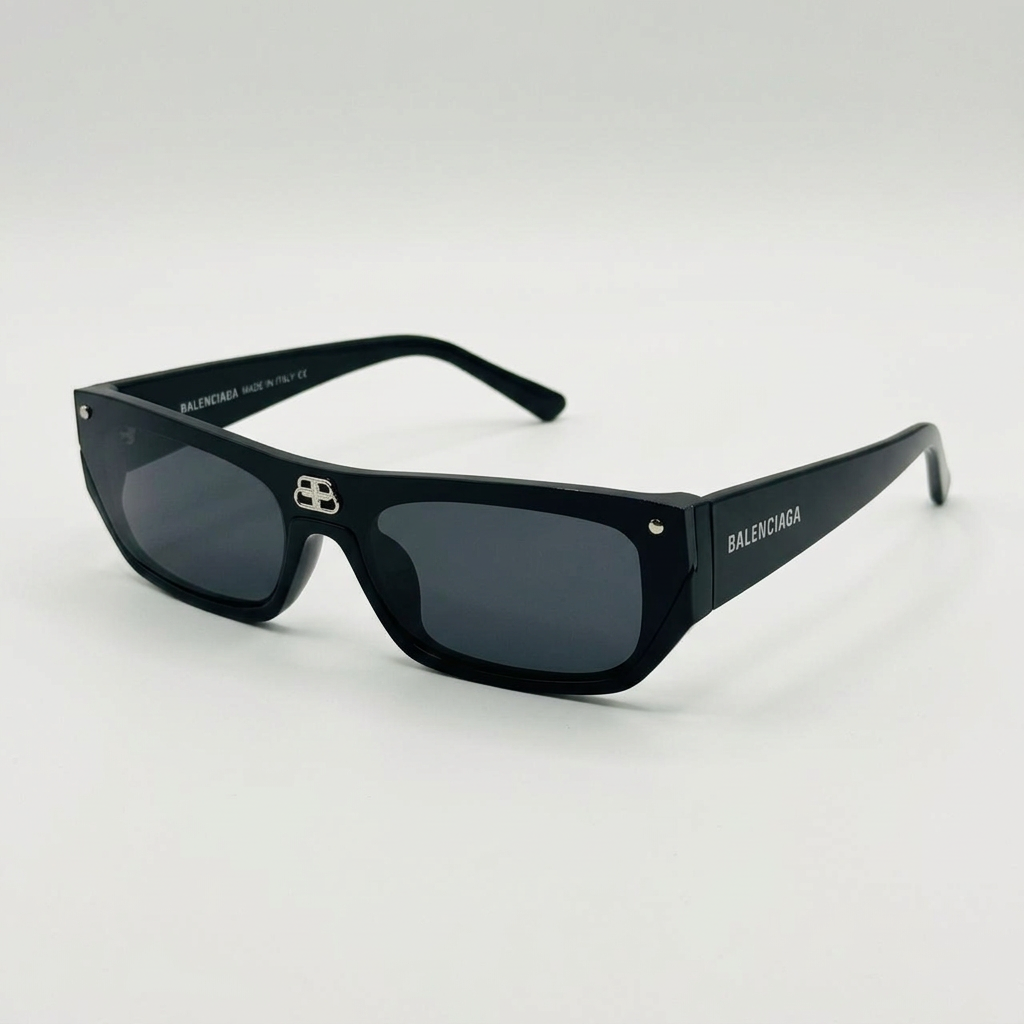 AI-edited chunky black rectangular sunglasses with dark grey lenses