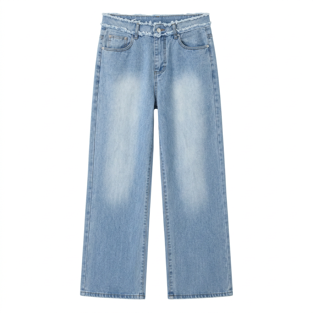 Light-blue wide-leg jeans with frayed waistband detailing and faded thighs