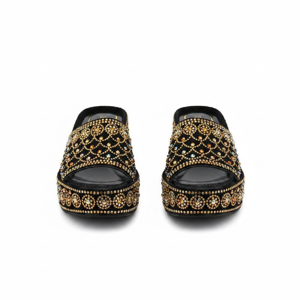 Women's gold rhinestone fully encrusted platform wedge mule slipper - ghost mannequin pair view