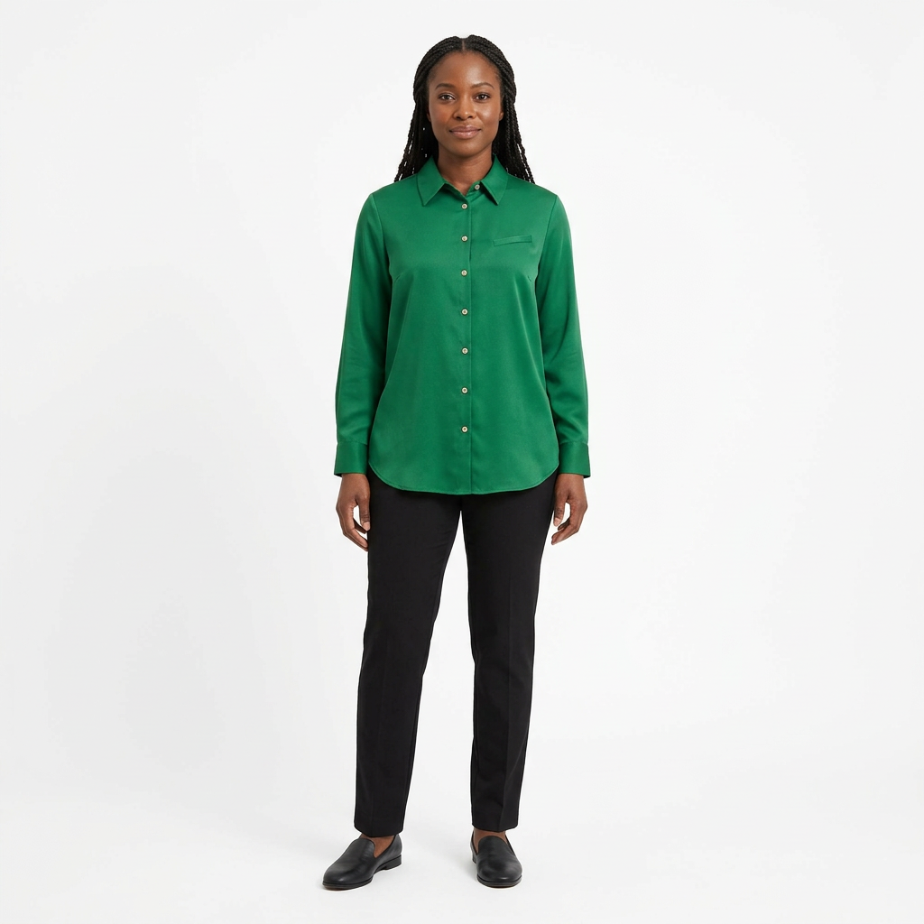 Full-body Black adult model wearing a green button-front long-sleeve shirt
