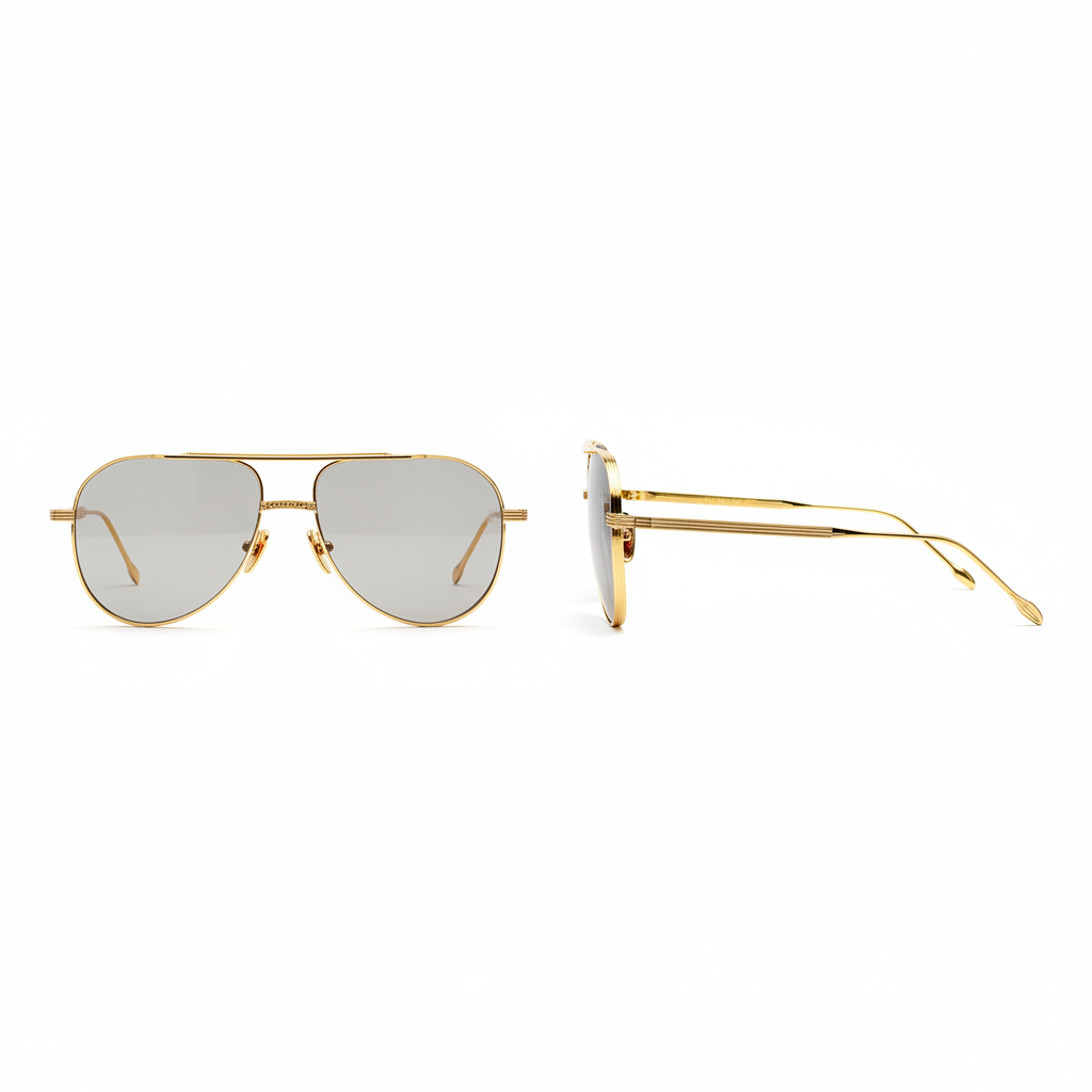 Unisex slim aviator sunglasses ornate gold double-bridge clear lens red nose accent ridged gold temple – front and side view