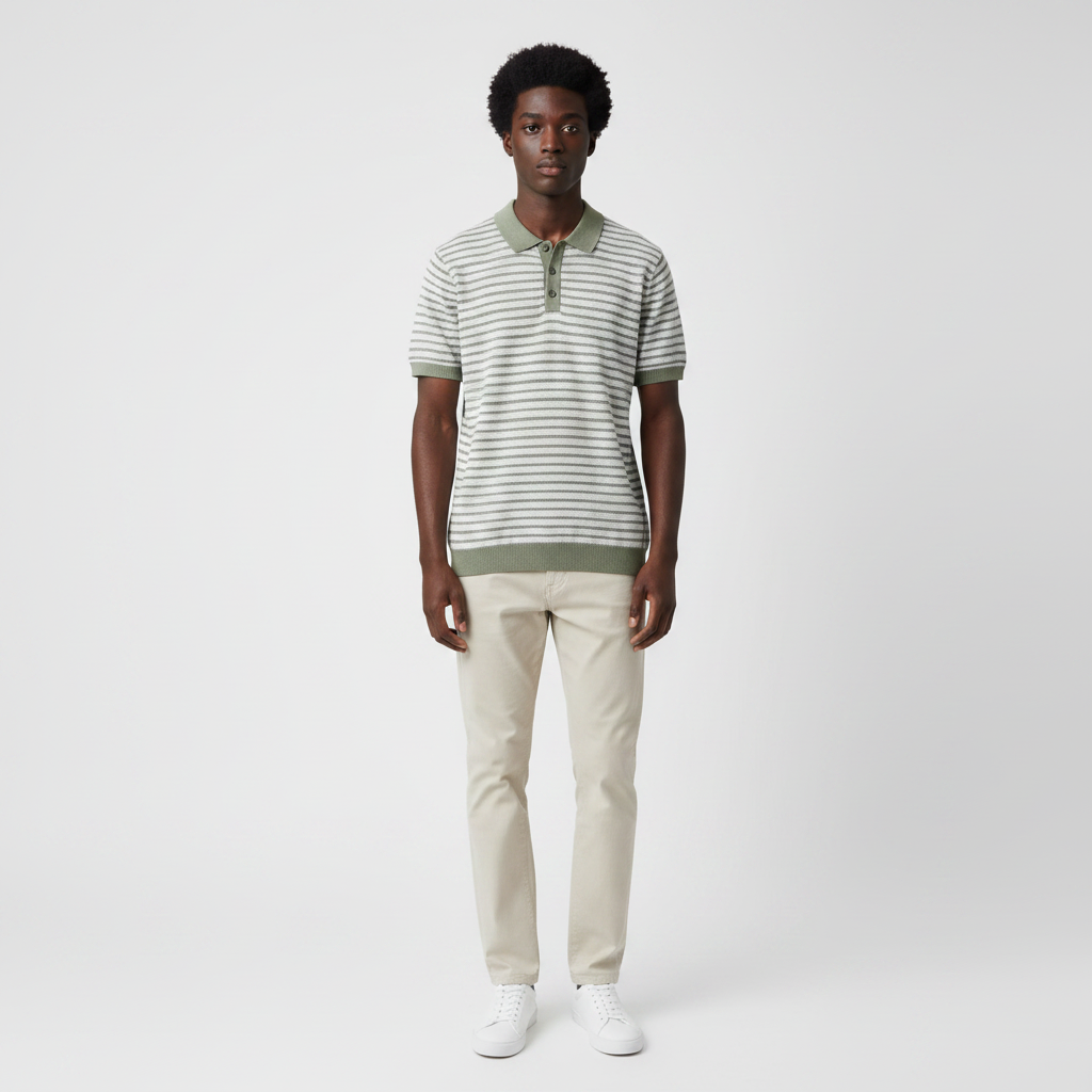 Man wearing the sage green striped knit polo