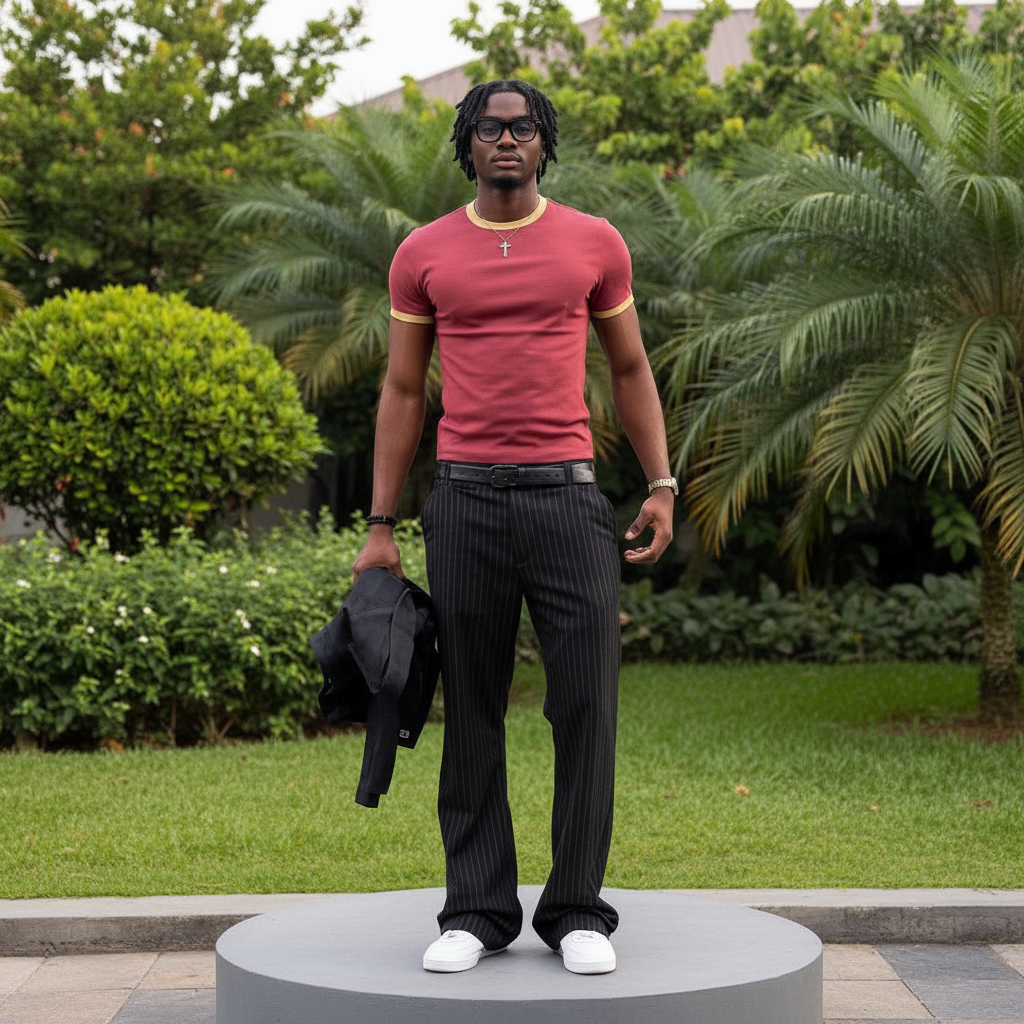 Nigerian male model full body wearing men's burgundy gold trim cross embroidered ringer crew-neck t-shirt