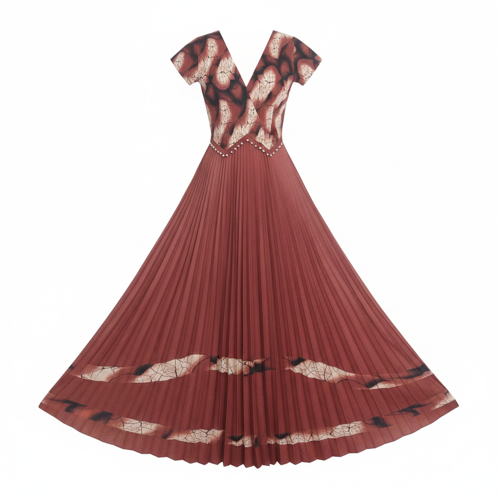 Women's dusty rose terracotta pleated floral bird print maxi gown - ghost mannequin front view