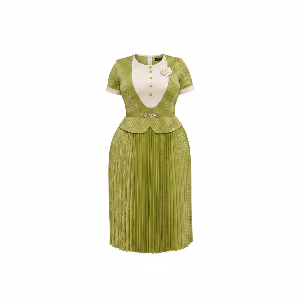 Women's chartreuse green peplum pleated midi gown – ghost mannequin front view