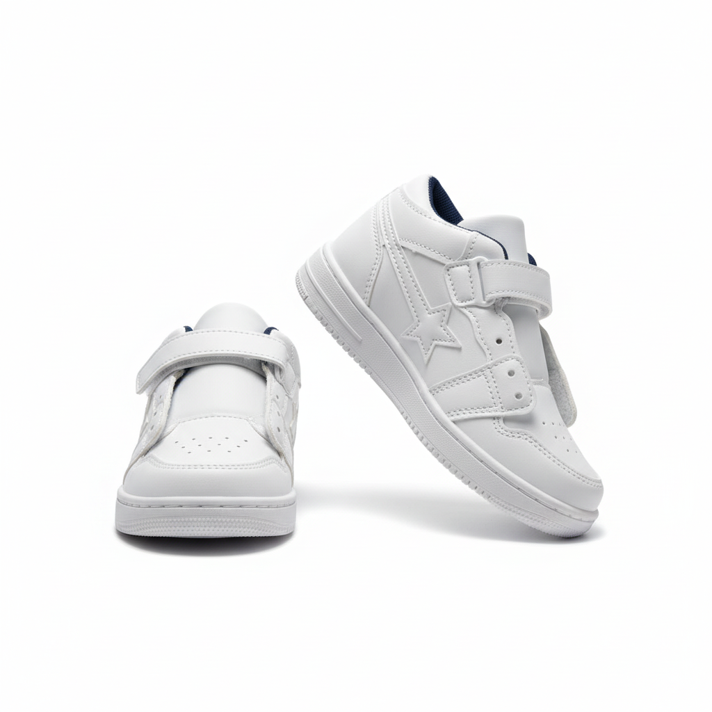 Kids' white and navy velcro low-top sneakers ghost mannequin pair front and sole view