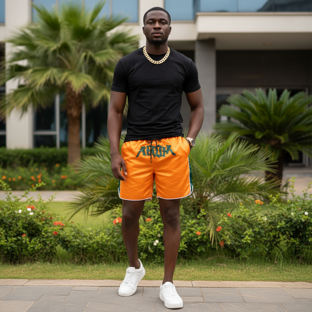 Nigerian male model wearing orange athletic shorts outdoors