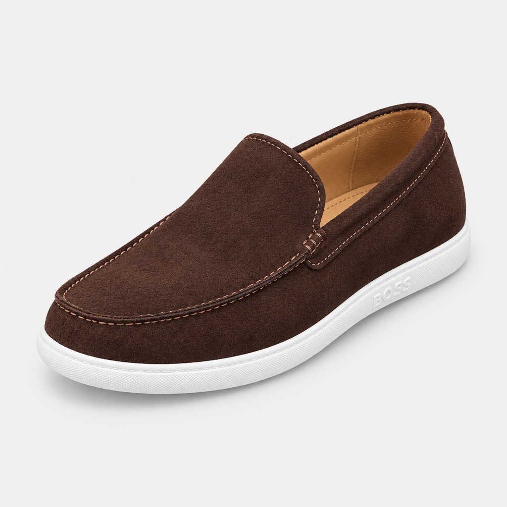 Dark brown suede-style loafer with apron stitching and white sole