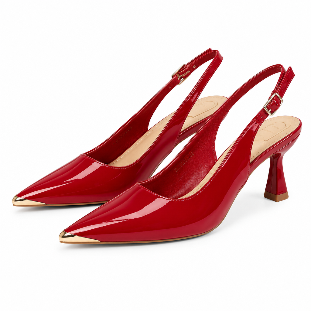 Pair of glossy red slingback pumps with gold cap toes