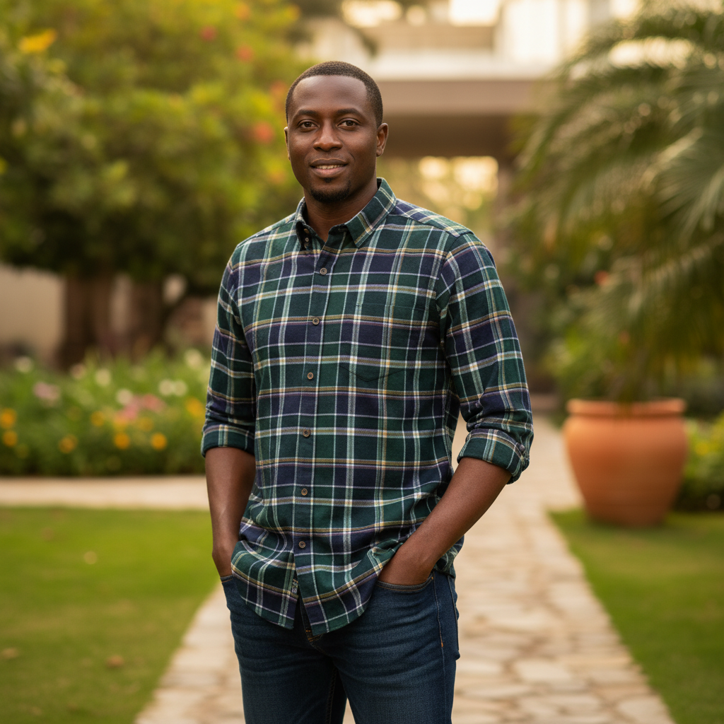 Nigerian male model wearing Green Navy Tartan Plaid Shirt front view