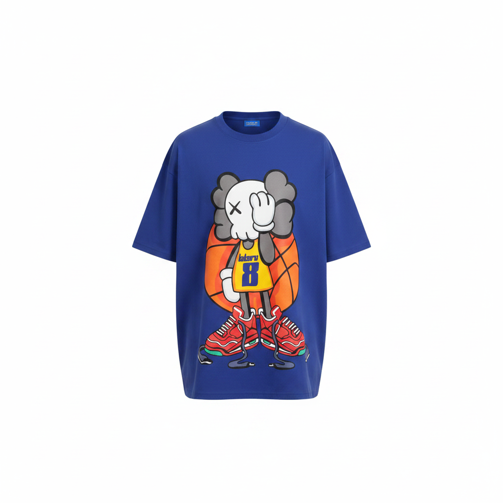 Unisex royal blue basketball bear graphic oversized tee – ghost mannequin front view