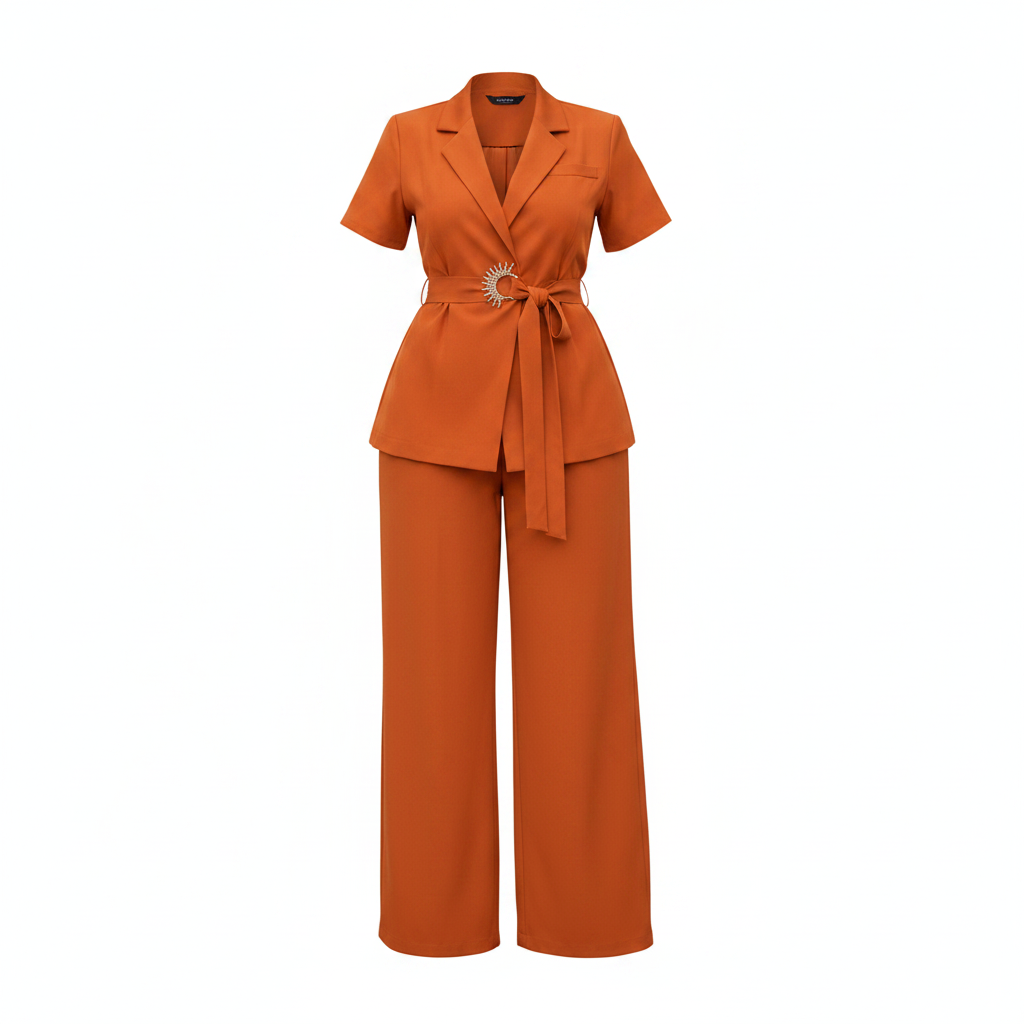 Women's short-sleeve tie-waist blazer co-ord set in orange – ghost mannequin front view