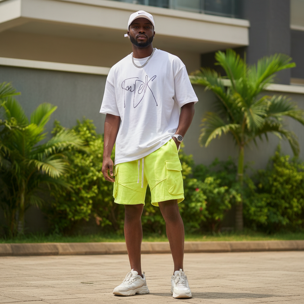 Nigerian male model wearing neon yellow volt green utility cargo sweat shorts — full body streetwear shot