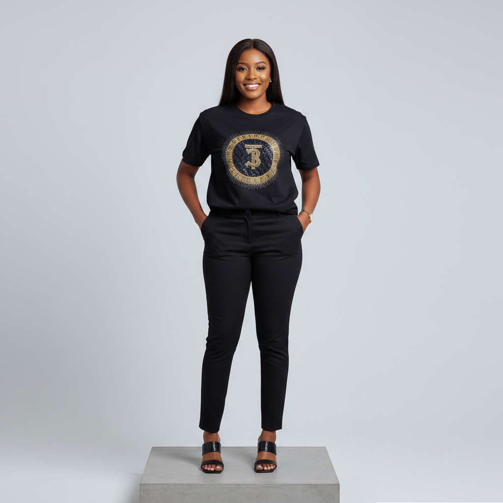 Nigerian female model front view wearing black rhinestone circular monogram badge T-shirt