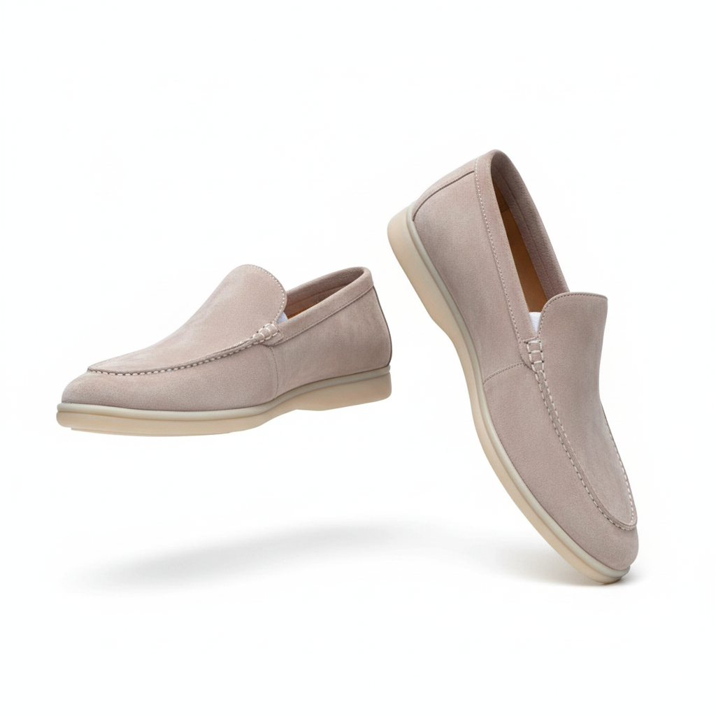 Men's light grey suede slip-on loafer pair, ghost mannequin front and side view, white background