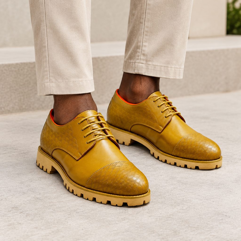 Black model wearing mustard-brown men's brogue lace-up shoes