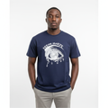 Model wearing the navy dream maker eye graphic t-shirt