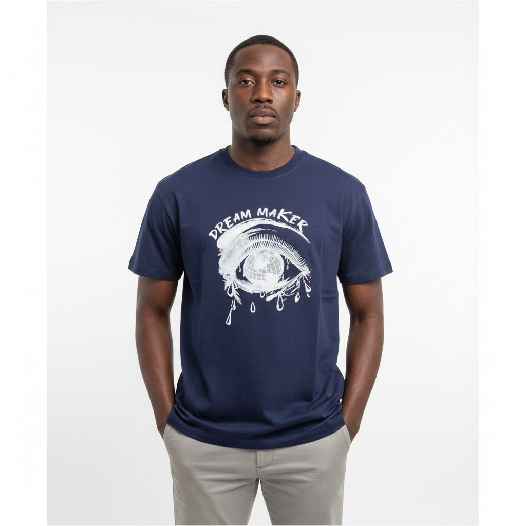 Model wearing the navy dream maker eye graphic t-shirt