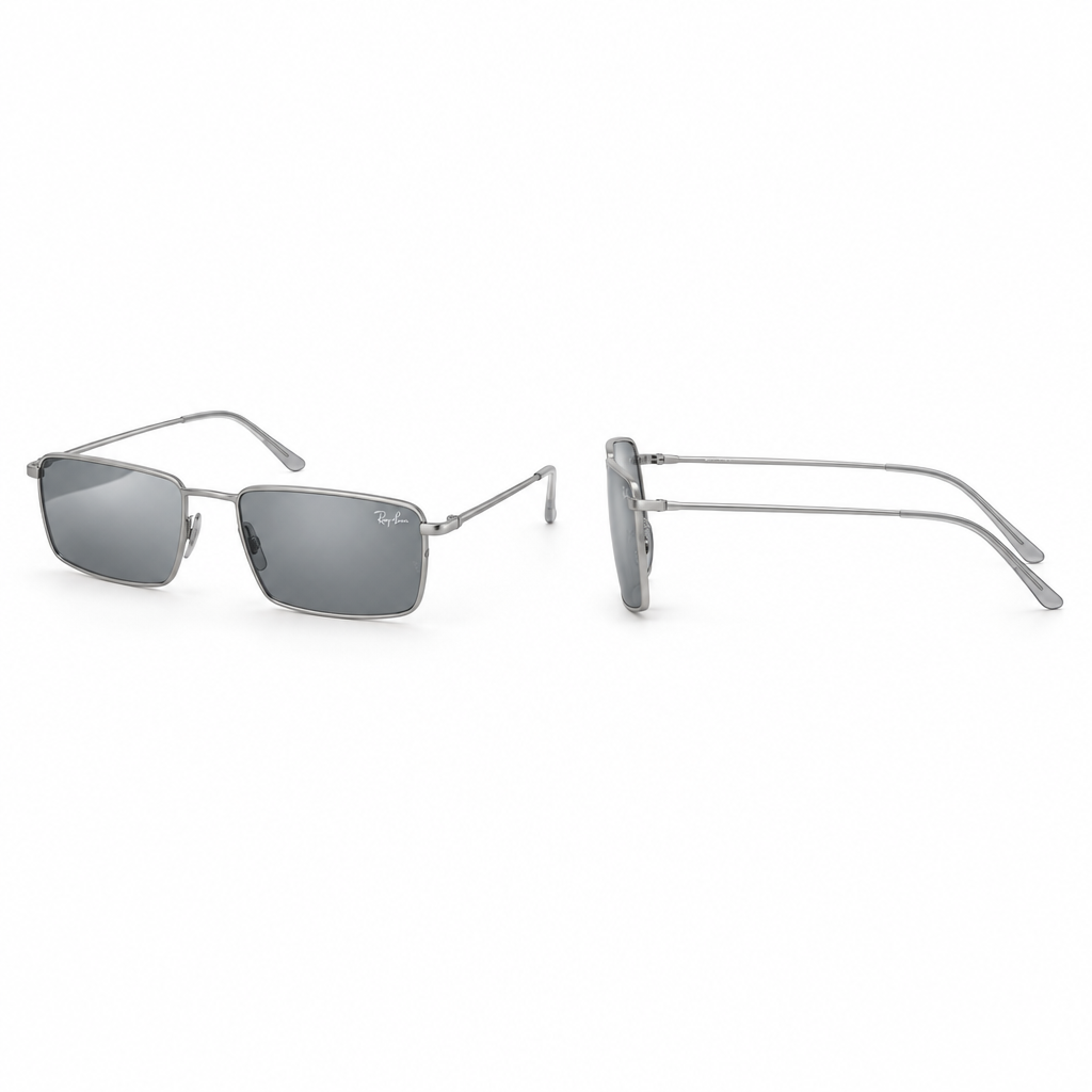 Silver-tone rectangular sunglasses with grey lenses in front and side views