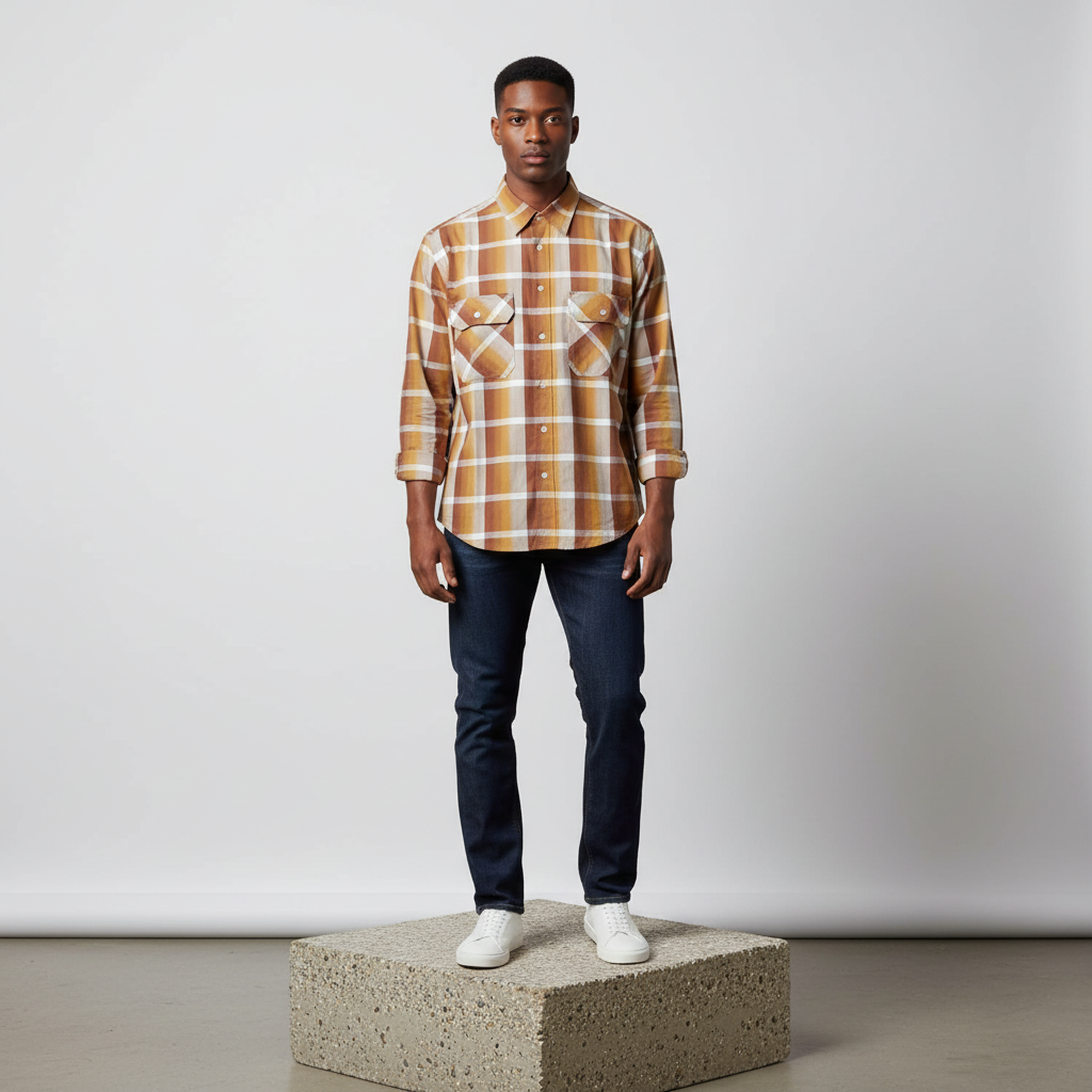 Nigerian male model wearing brown white plaid long-sleeved shirt, front view